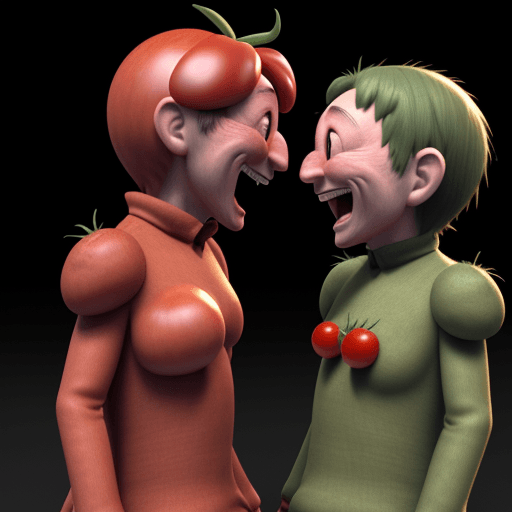 AI generated: Hyper realistic 3d render of 2 tomatomans talking and laughing to each other
