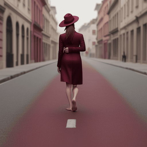 AI generated: Create a video of a walking woman in a burgundy jacket and a burgundy hat walking along the road bar...