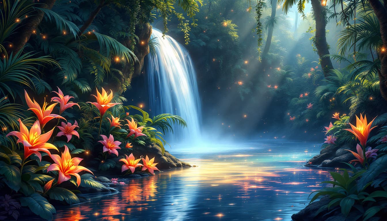 AI generated:  depicting an intimate,anime  mixed manga style, dreamlike portrait of the paradise lagoon's edge, w...