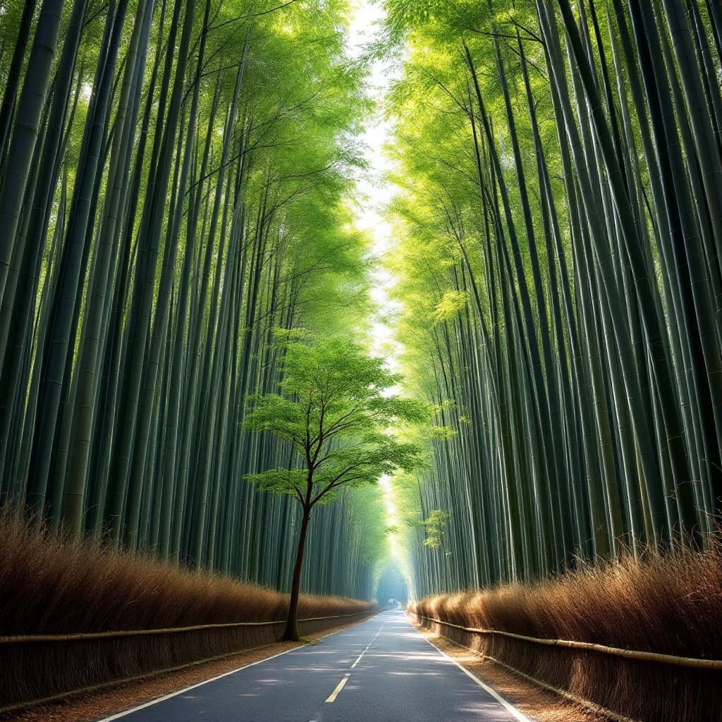 AI generated: Bamboo forest, tall bamboo trees towering above the sky on both sides of an empty path in Arashiyama...