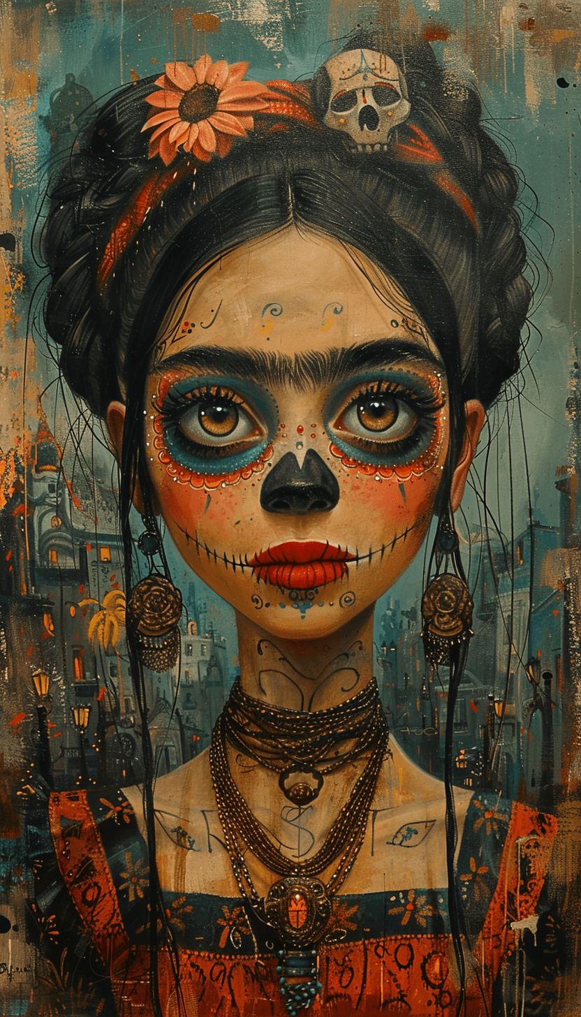 AI generated: a painting of a Frida Cahlo with make up of Catrina, in the style of disney animation, pre-world war...