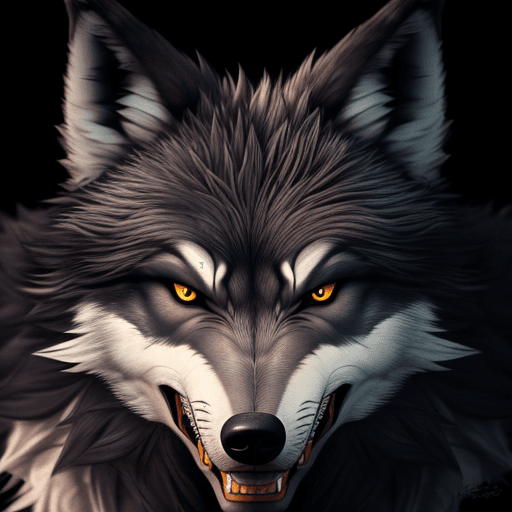AI generated: realistic furry angry wolf, full detail, black background, face front,