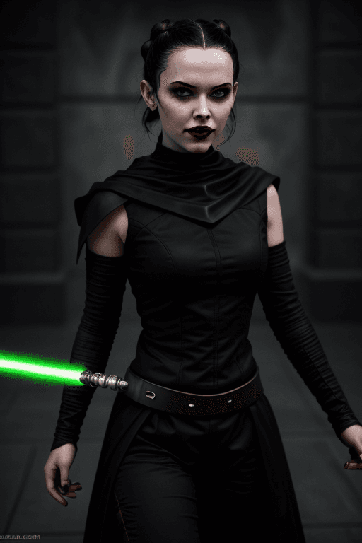 AI generated: rey skywalker as sith lady in black sith uniform, dark red lips, yellow eyes, evil smile
