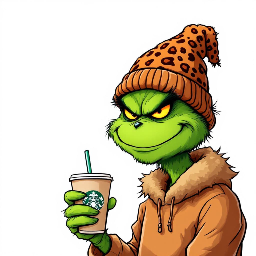 AI generated: The troll depicted as a cartoon character, is holding a coffee cup. He wears a brown, leopard-print ...