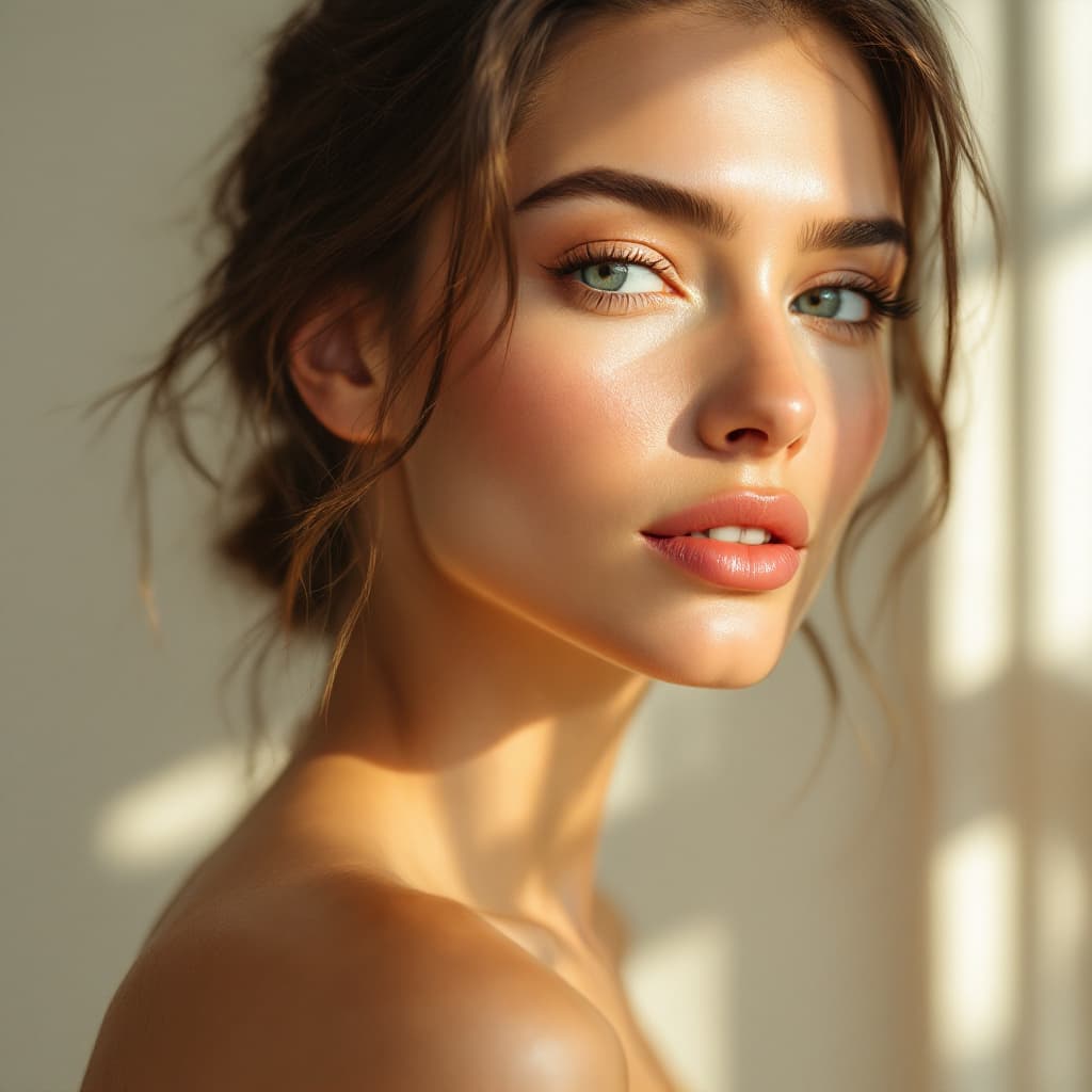 AI generated: A breathtaking woman with radiant, glowing skin stands in soft natural light, her complexion luminou...