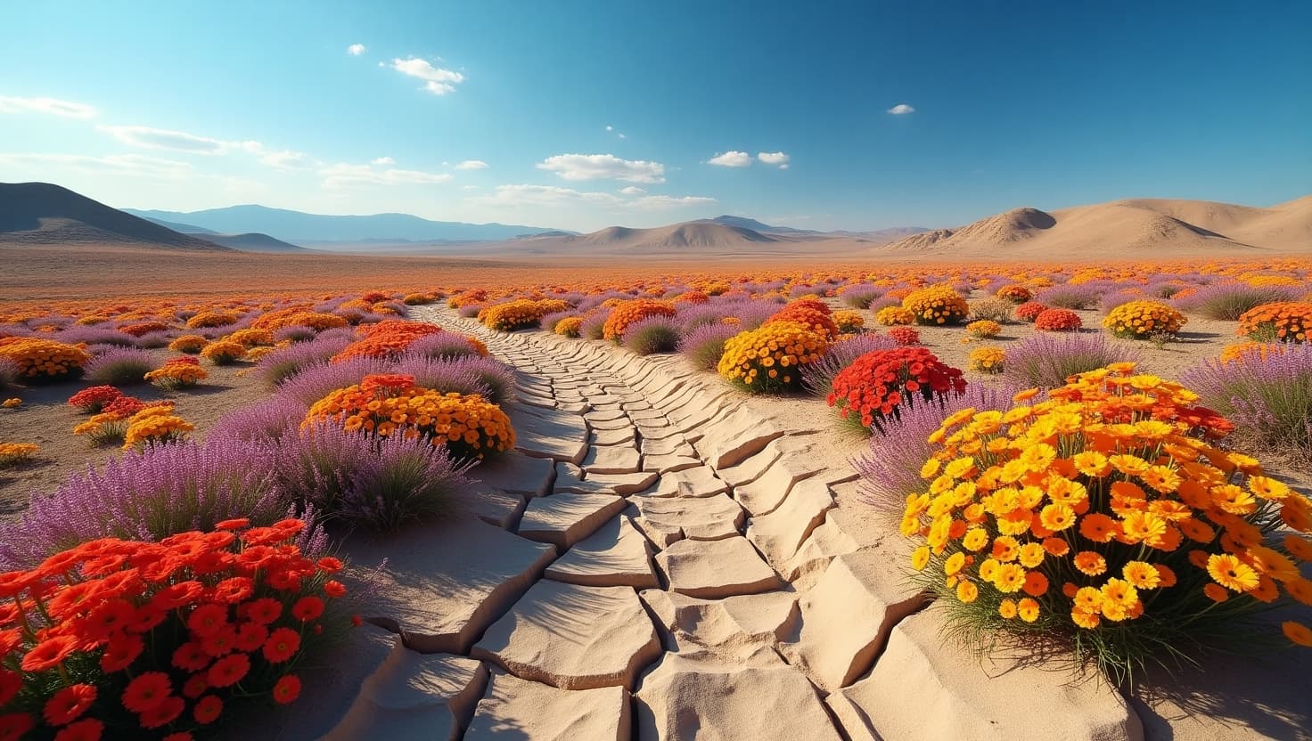 AI generated: A breathtaking, sweeping desert landscape, suddenly transformed by a rare and miraculous rainfall, a...