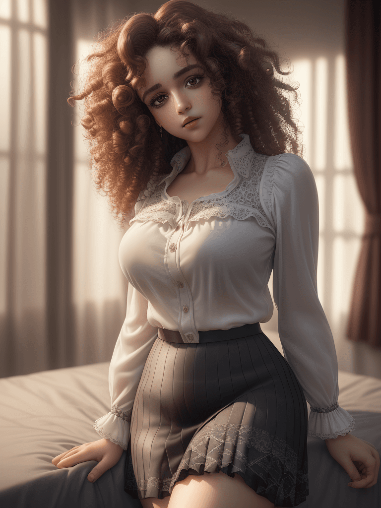 AI generated: woman with curly hair wearing a skirt and blouse with detailed seductive alluring eyes in a modern b...