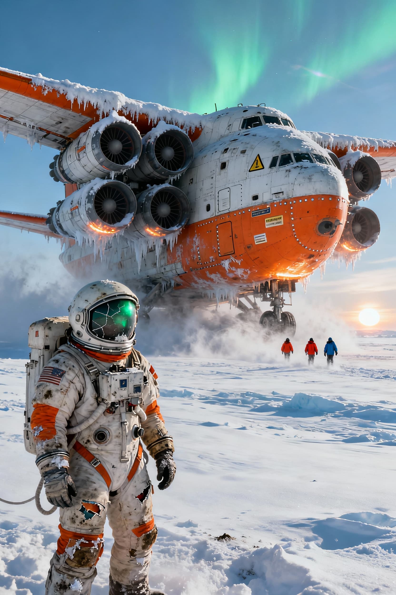 AI generated: Photorealistic battle-worn astronaut in bulky matte-white and orange retro-futuristic spacesuit, hea...