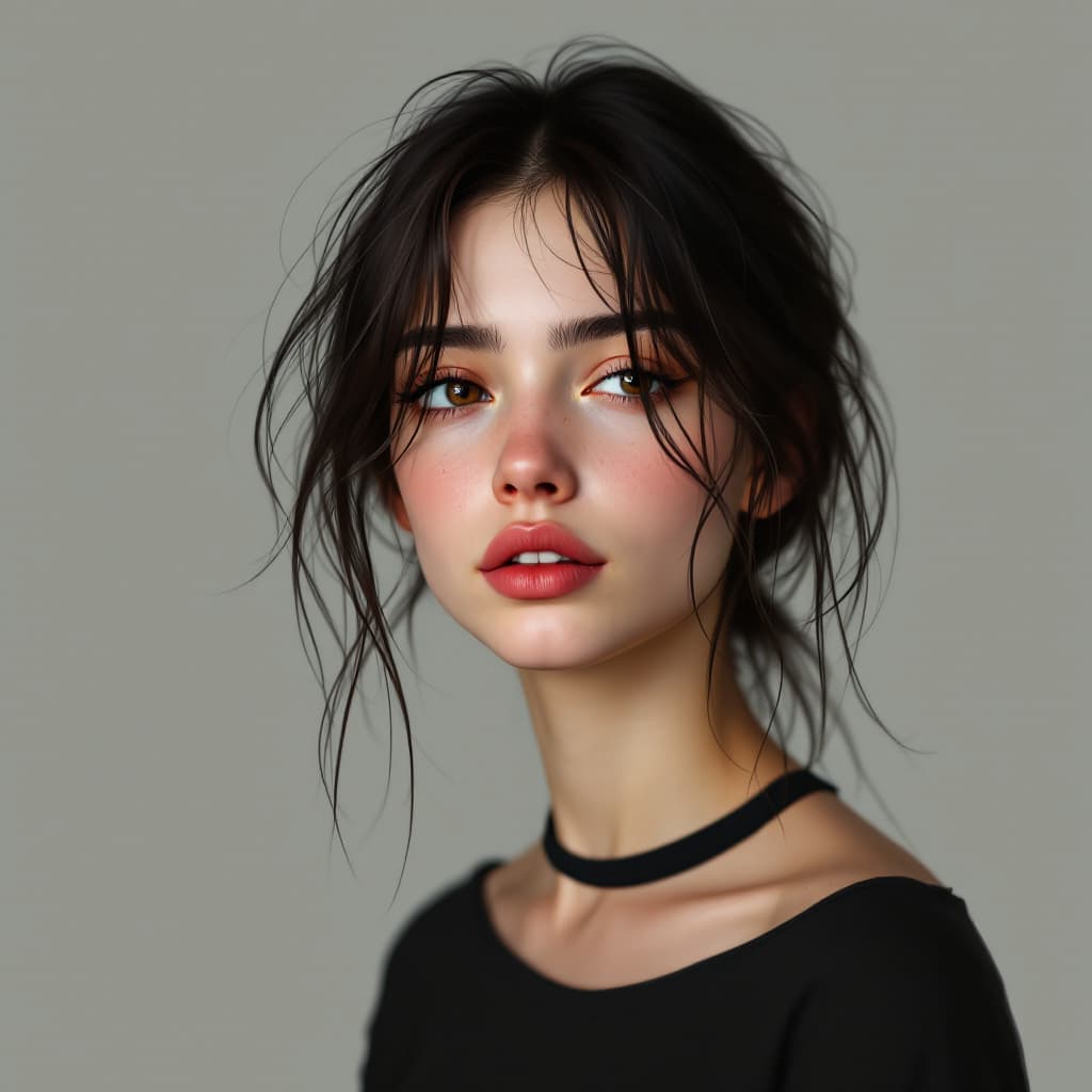 AI generated: young adult woman, pale skin, sleepy brown doe eyes, visible eye bags, long eyelashes, slightly mess...