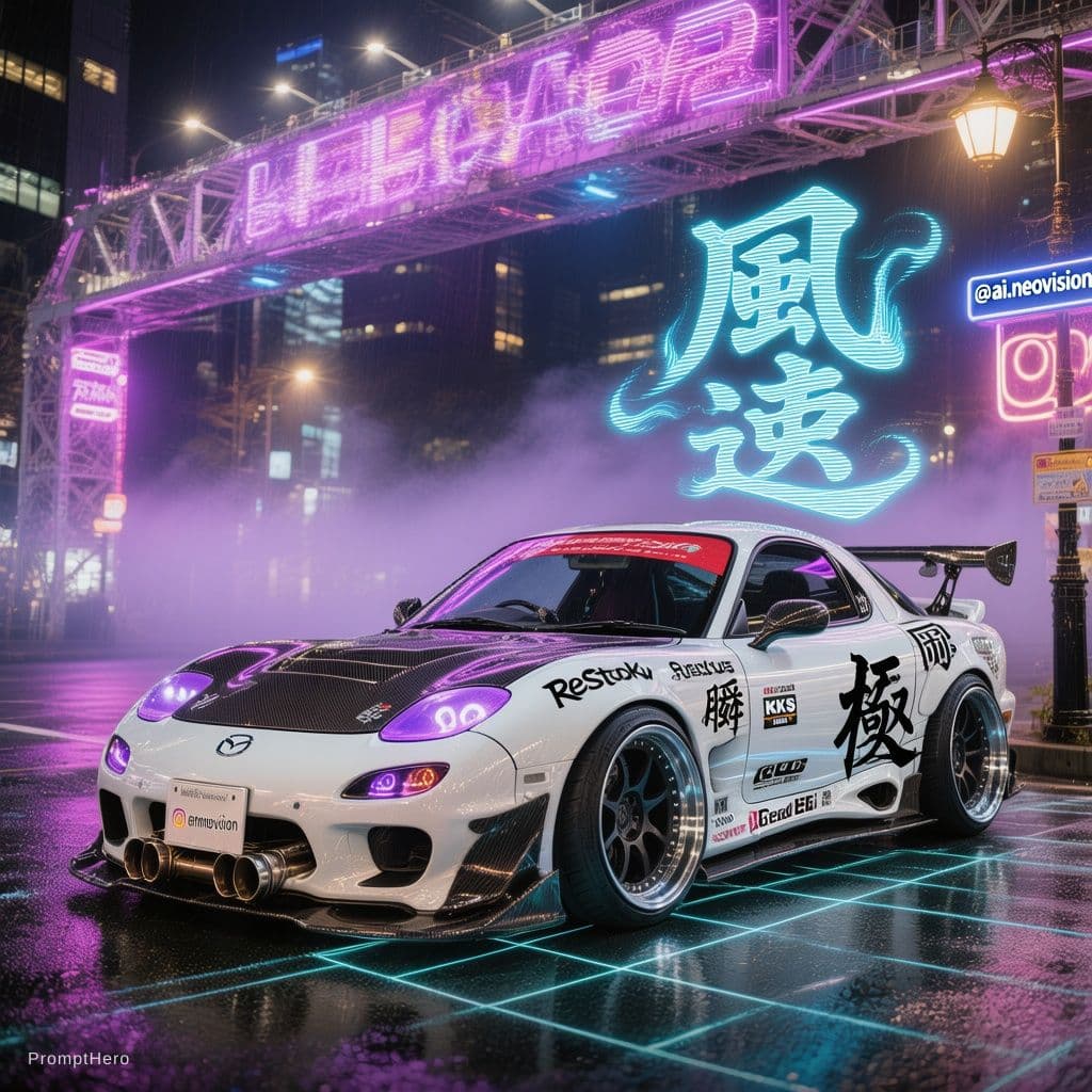 AI generated: Mazda RX-7 GT-X (FC) '90, white metallic paint, full custom widebody kit with forged carbon fiber ho...