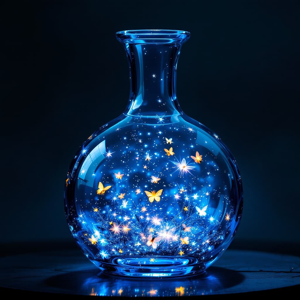 AI generated: a wide based decanter  made of crystal , that has a swarm of fireflies in it