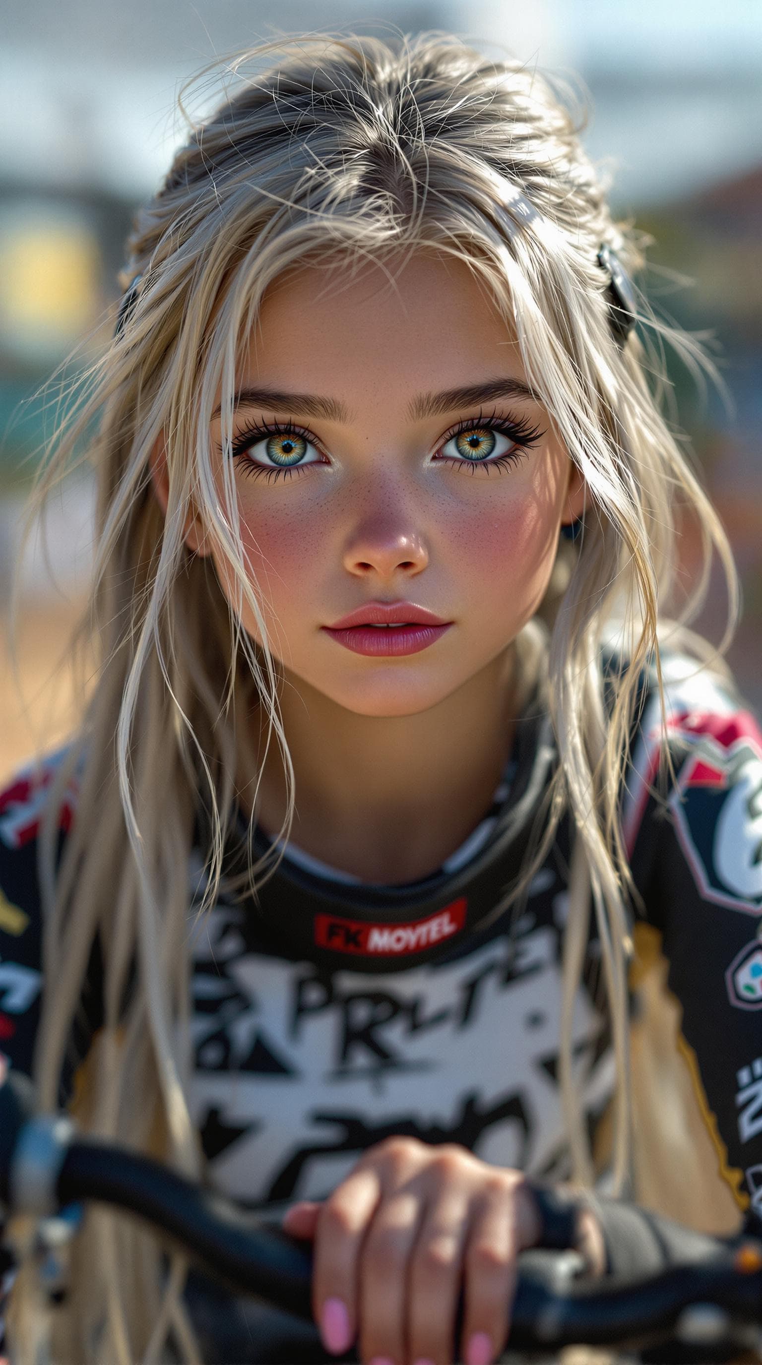 AI generated: A professional portrait of the most stunning 5th-grade girl in the world, a BMX dirt bike racer, dep...