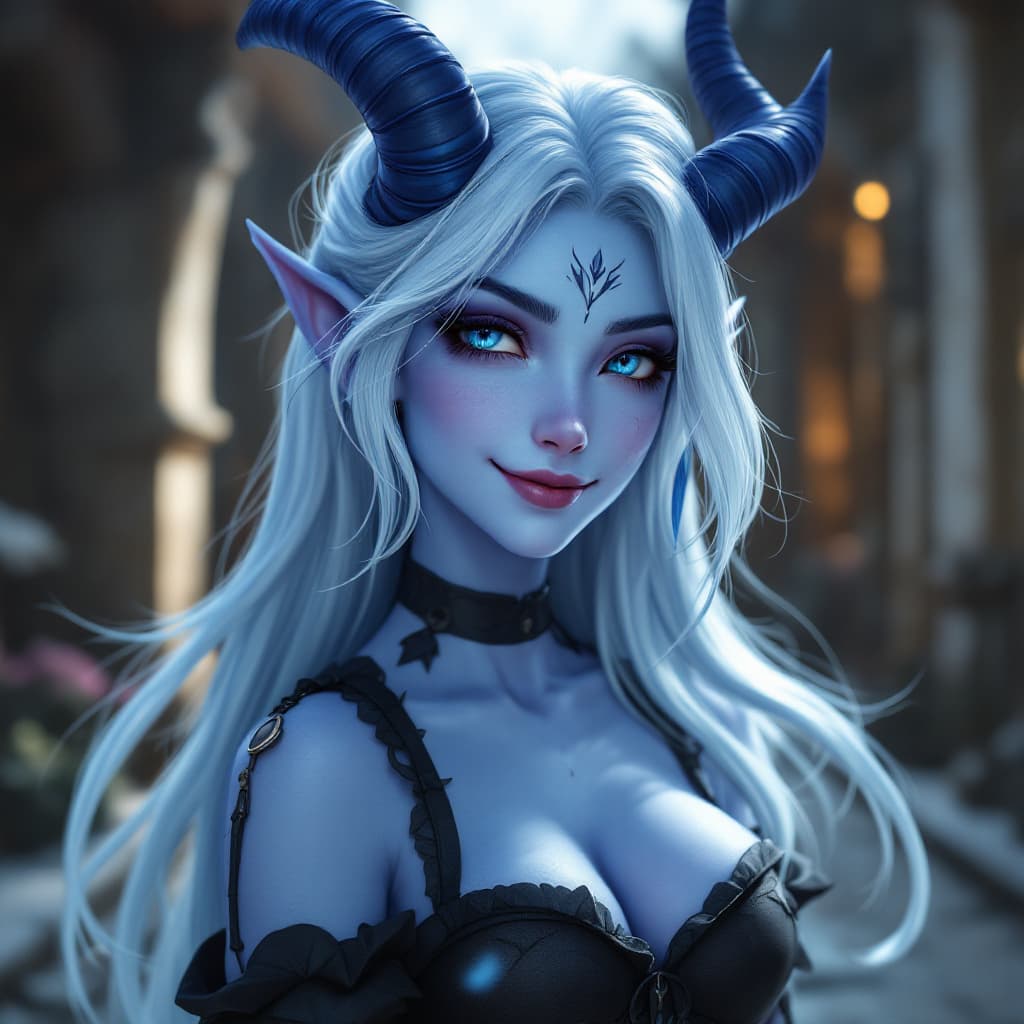 AI generated: Happy, naive, gorgeous ((Draenei from World of Warcraft)), beautiful, light blue skin, ((full body))...