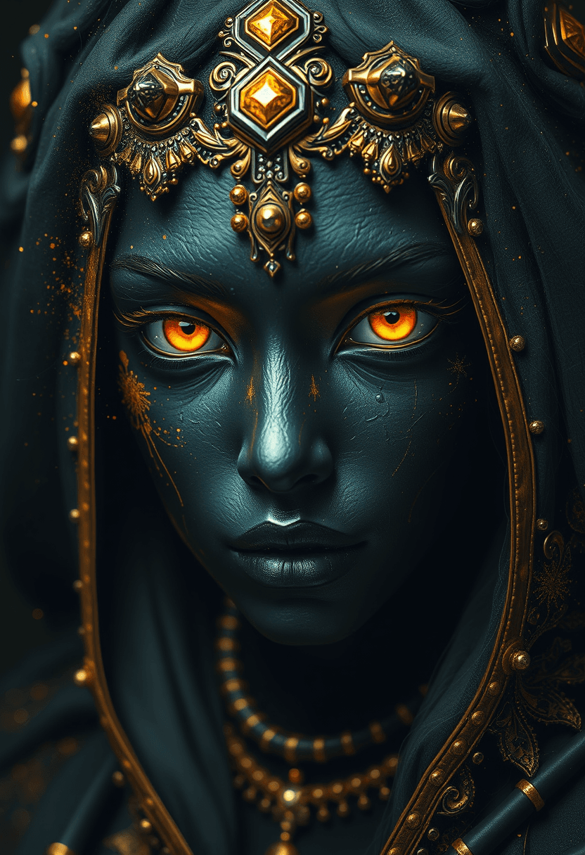 AI generated: Black and gold, a black face with yellow eyes,digital art style.--v 7