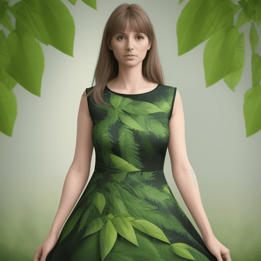 AI generated: a adult girls with a dress made by green leaves. In realistic graphic 