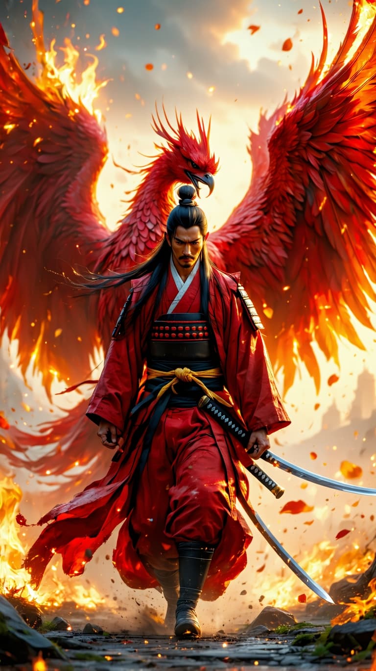 AI generated: Full body shot photo at 8k of the most beautiful artwork in the world featuring A regal samurai with...