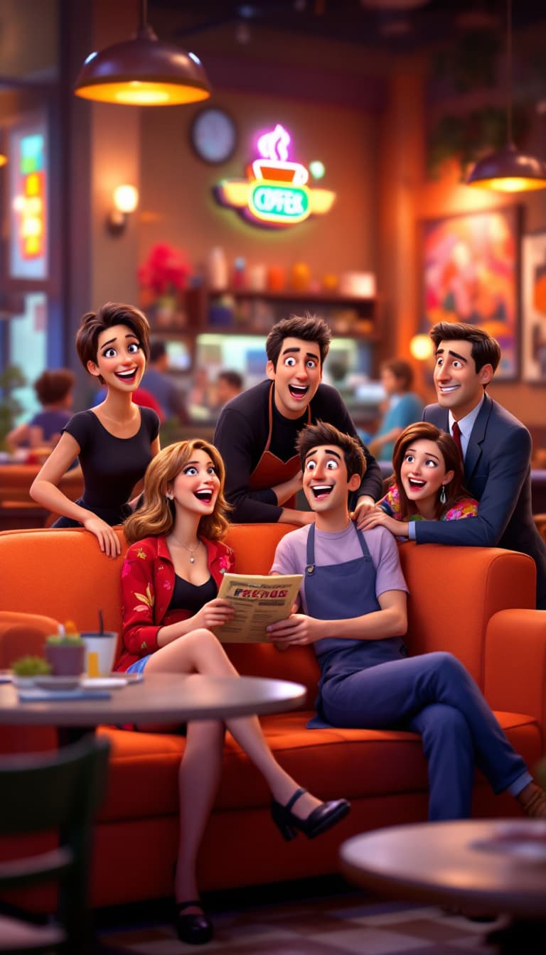 AI generated: A vibrant Pixar-style animated scene featuring six friends at the iconic orange couch in Central Per...