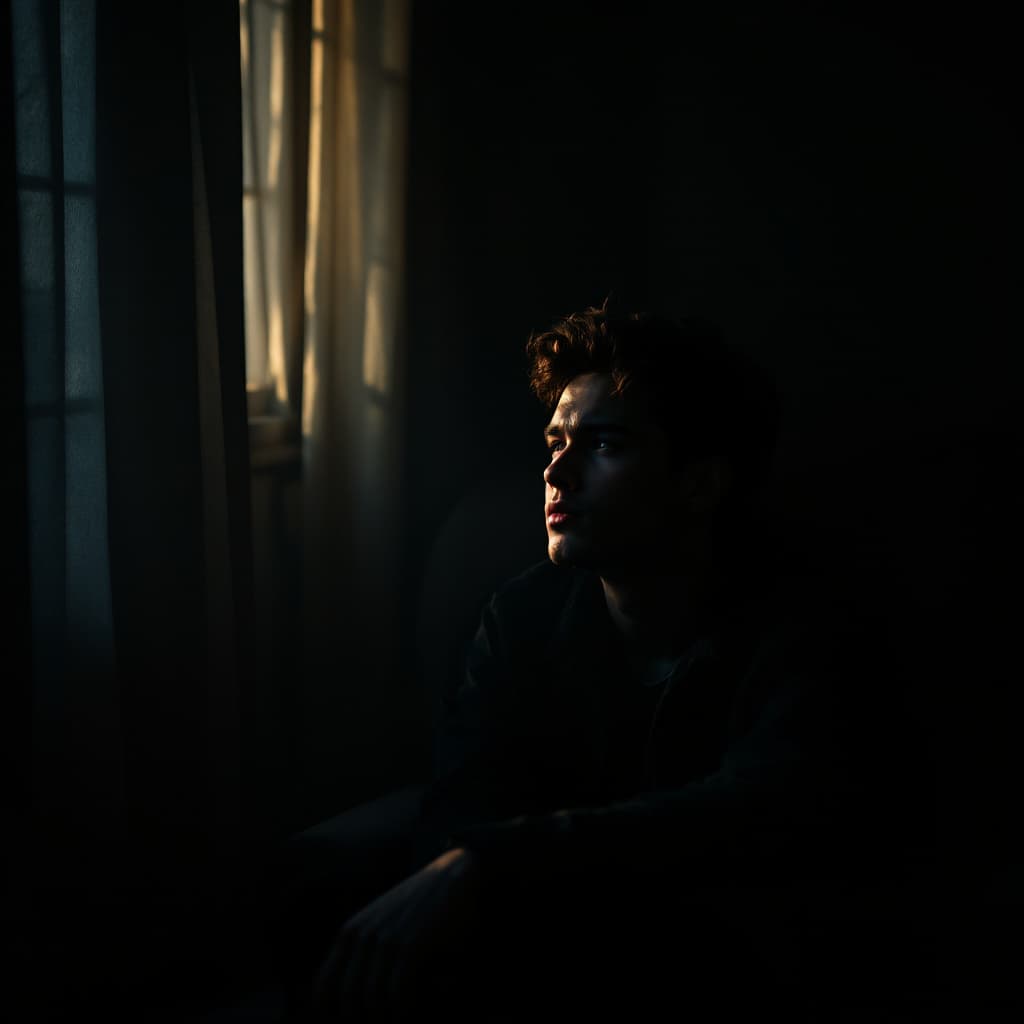 AI generated: (A dimly lit room, soft light streaming through the window, the main character sitting in deep conte...