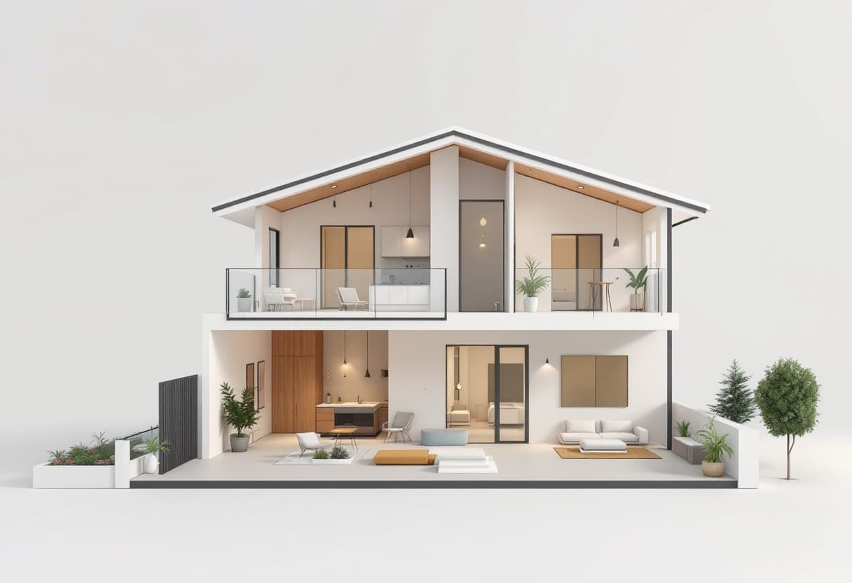AI generated: Generate a modern and minimalist 3D-rendered cross-section of a house, displayed in a front-facing v...
