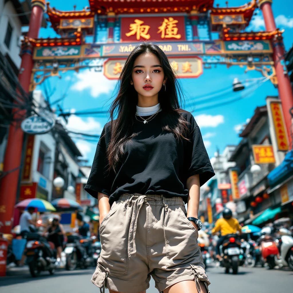AI generated: A stunning young Thai woman with sharp facial features, large expressive dark eyes, and fair glowing...