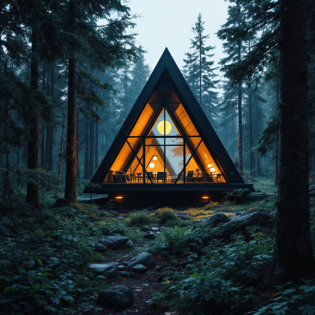 AI generated: imagine a highly detailed image of a  cyberpunk A-frame cabin nestled in a dense forest, showcasing ...