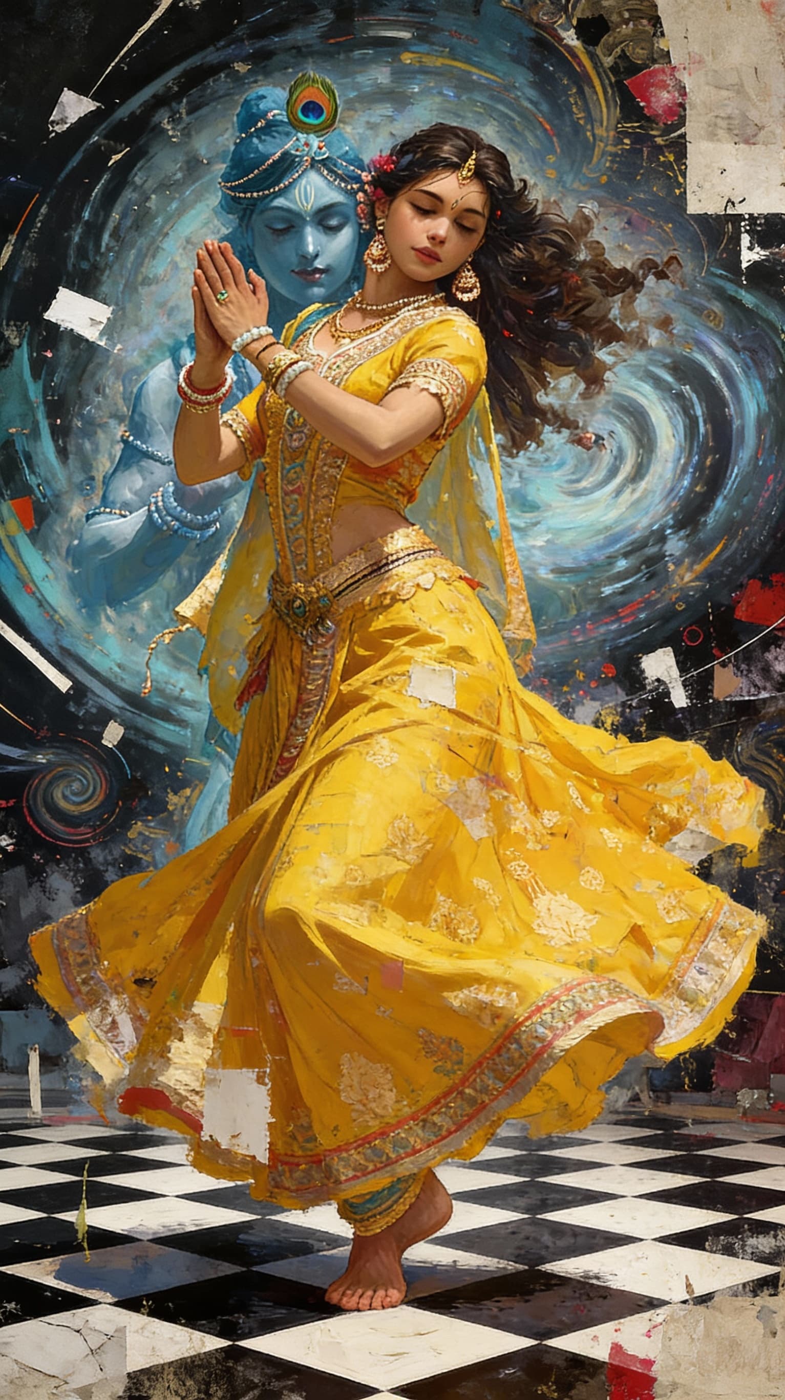 AI generated: Radha goad indian yellow dress style dances on a checkered floor, in the style of mixed media chaos,...