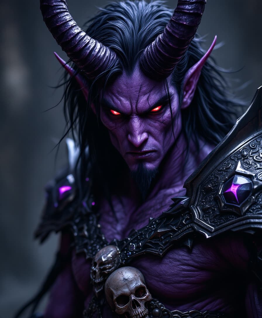 AI generated: male purplish-skinned demon, fierce horns emanating from his head, piercing red eyes, long raven-bla...