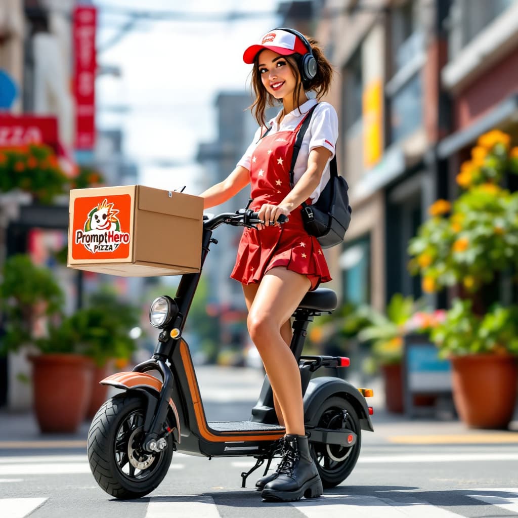 AI generated: a pertty female, pizza shop uniform,mini skirt,E-Scooter, deliver pizza,the pizza box logo"PromptHer...
