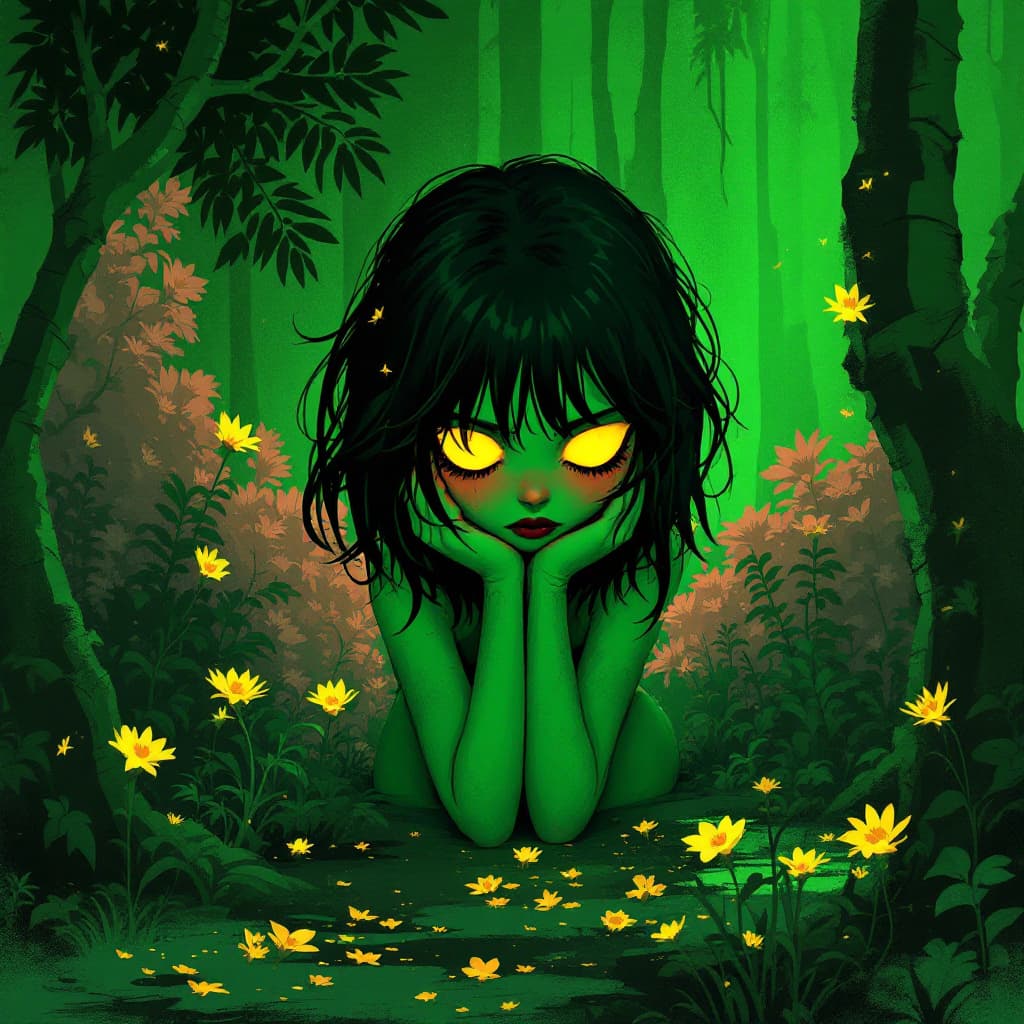 AI generated: a green girl, in the style of neon realism, darkly romantic illustrations, dark white and yellow, so...