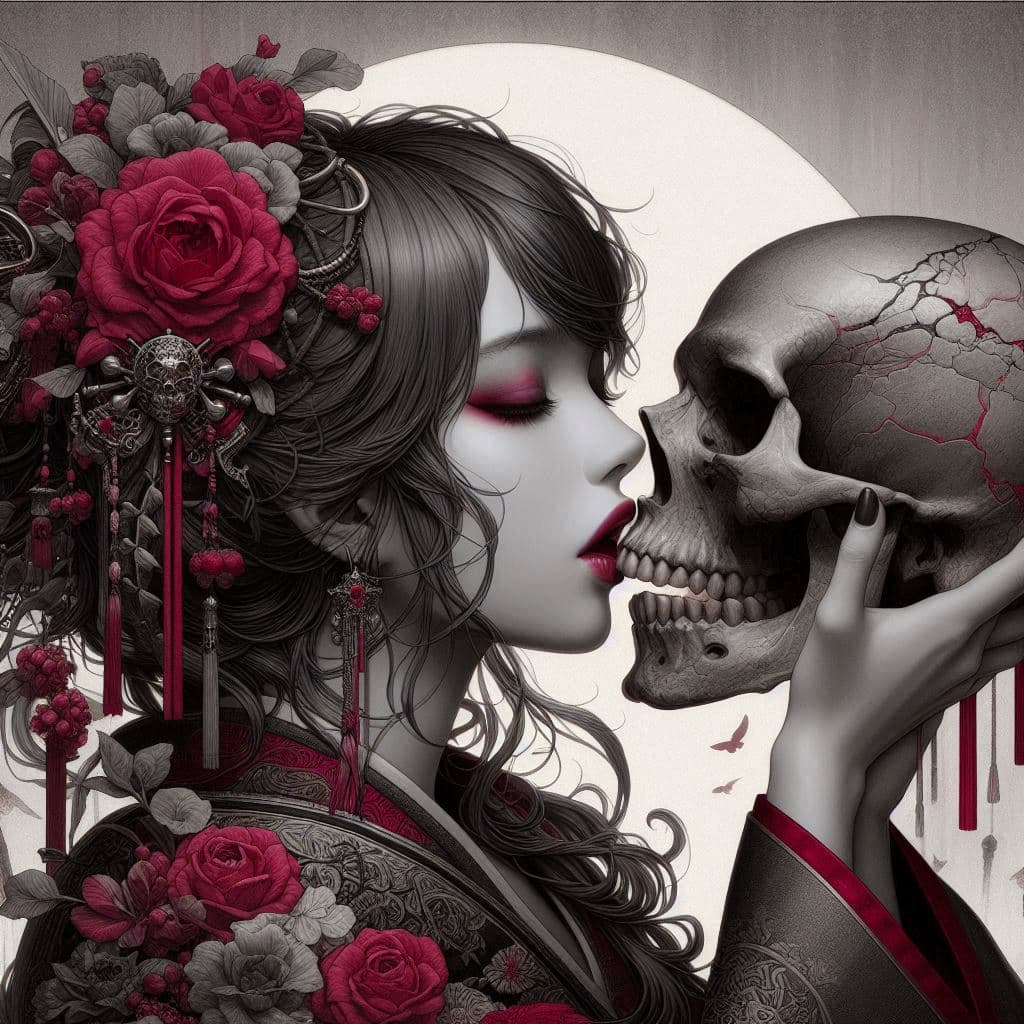 AI generated: an image of a woman kissing a skull, in the style of andreas rocha, japanese-inspired art, gothic re...