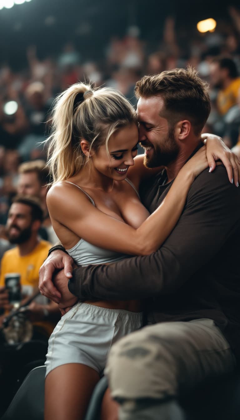 AI generated: woman petite blonde, model, ponytail hair, surrounded by men in a stadium tribune celebrating a goal...