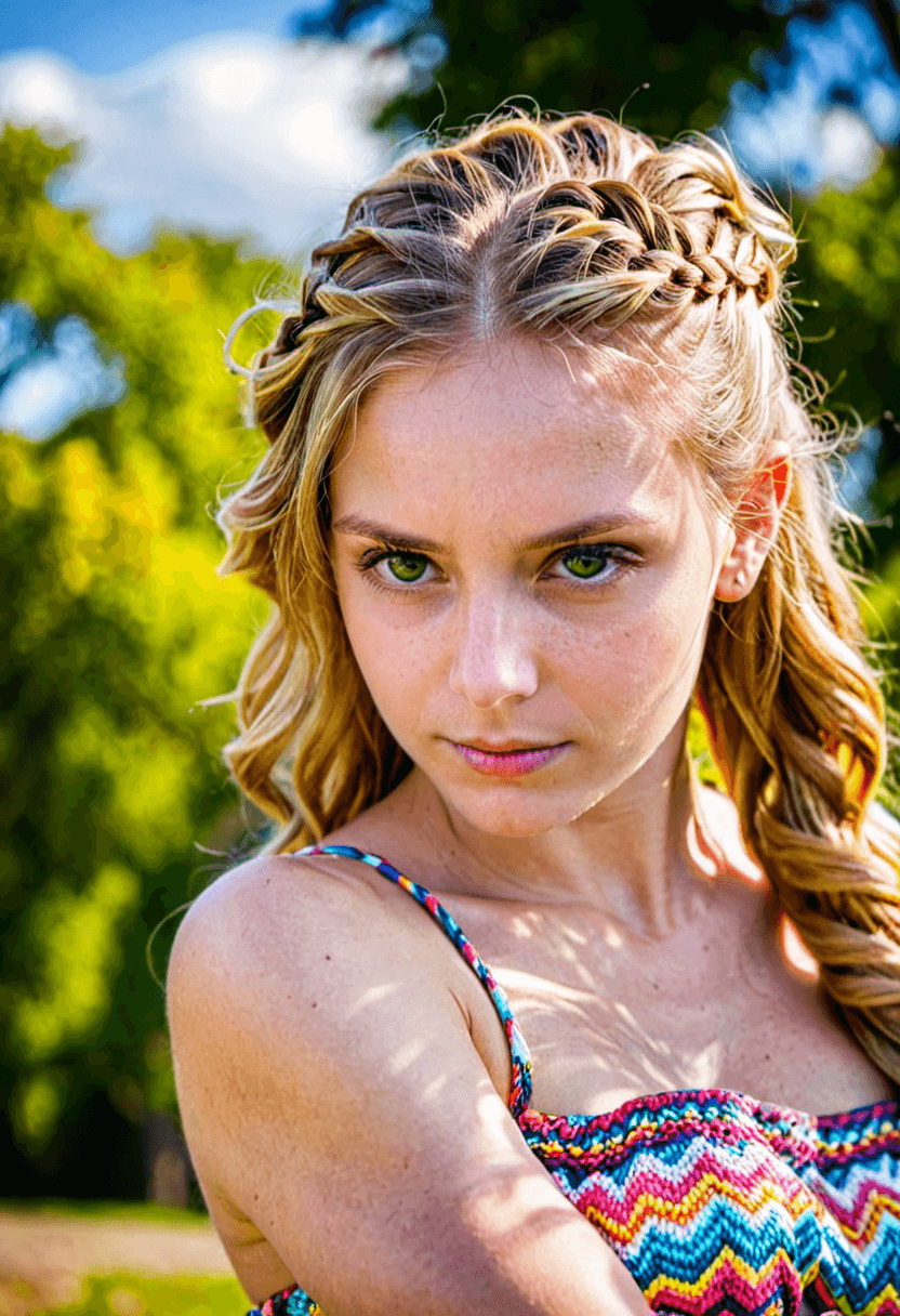 AI generated: HDR photo of gorgeous woman with long blonde hair, braided hair, sleeveless off the shoulder striped...