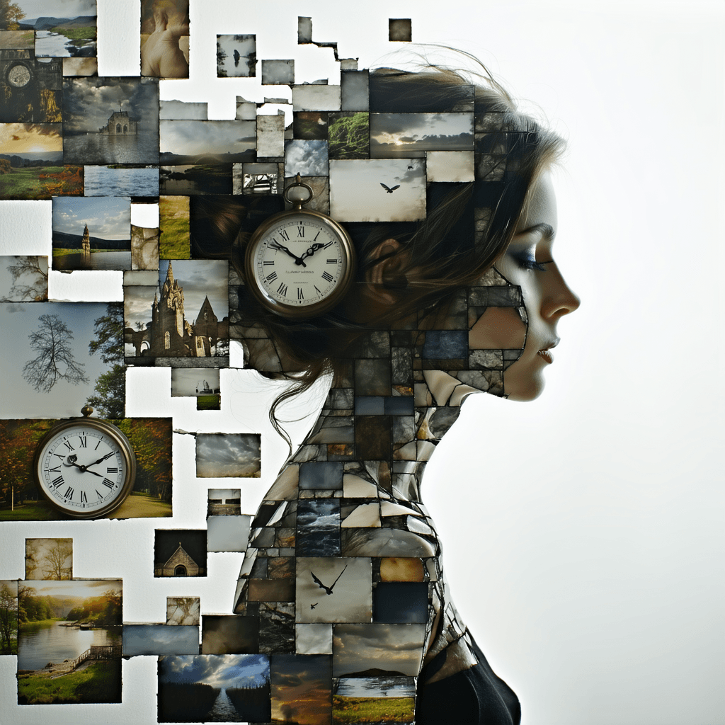 AI generated: A solitary memory keeper, her form seems to be composed of fractured images and her clothing that se...