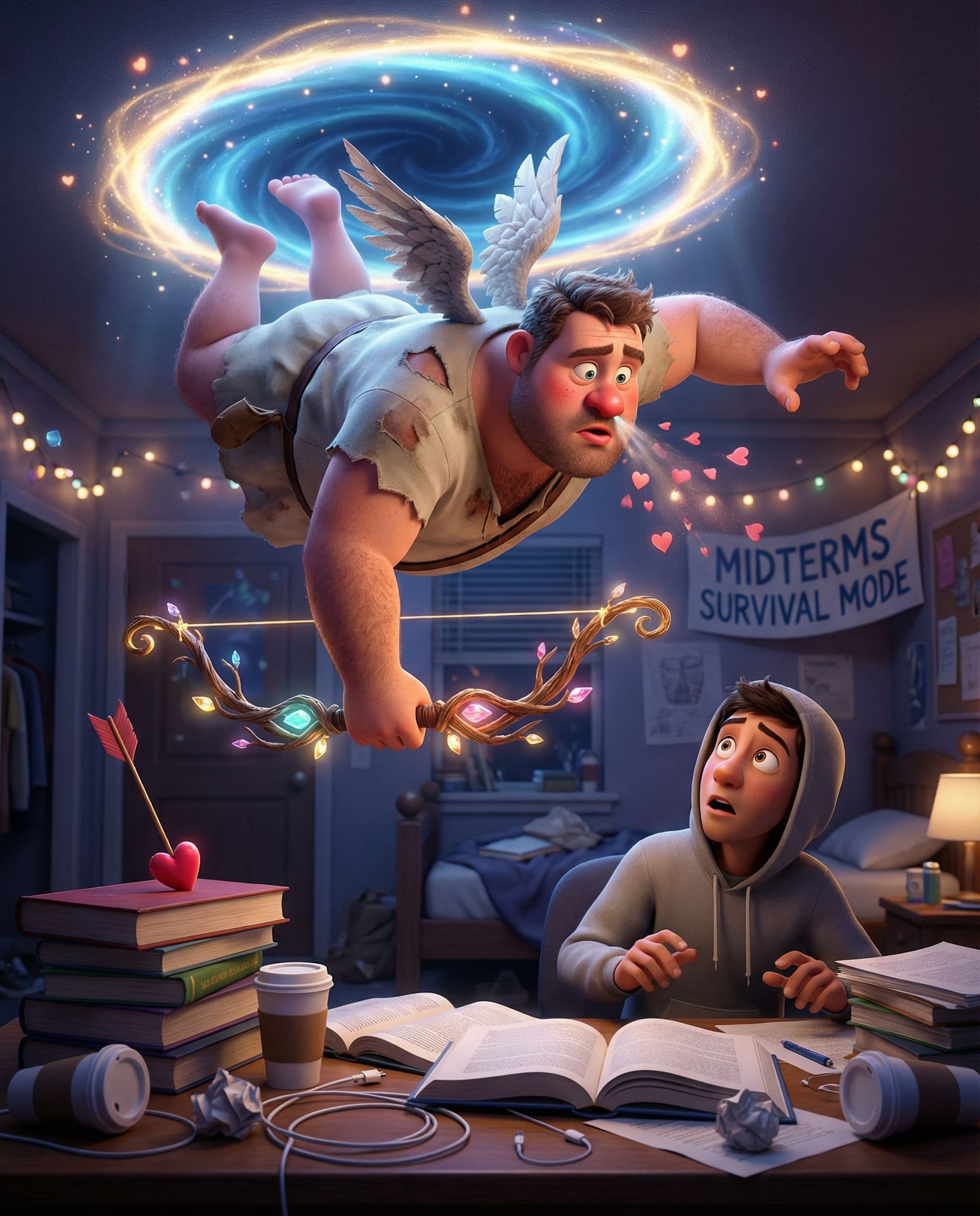 AI generated: Pixar style - A disheveled ((adult)) hunky Cupid with drooping wings and a runny nose tumbling out o...