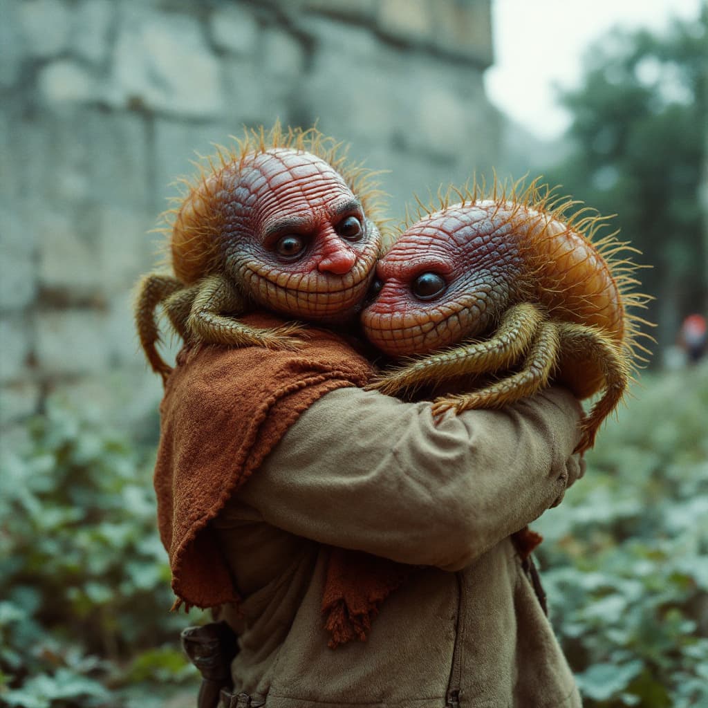 AI generated: a fujifilm pictures of a bold man hugging two huge dermodex mites