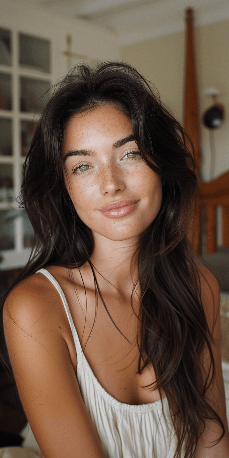 AI generated: A closeup selfie of a beautiful woman flirtingly smiling at the camera with long dark hair in her be...