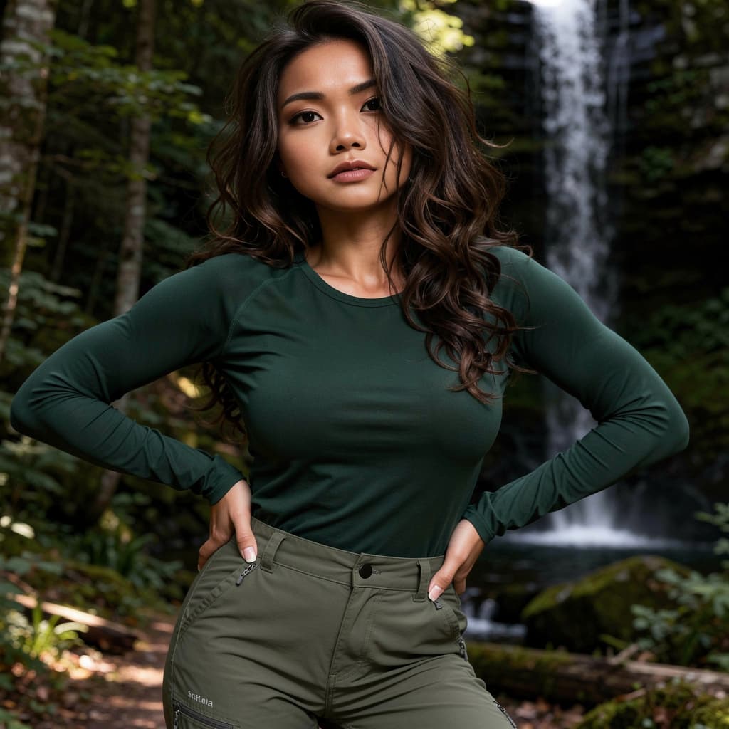 AI generated: beautiful girl in the deep forest with a waterfall in the background