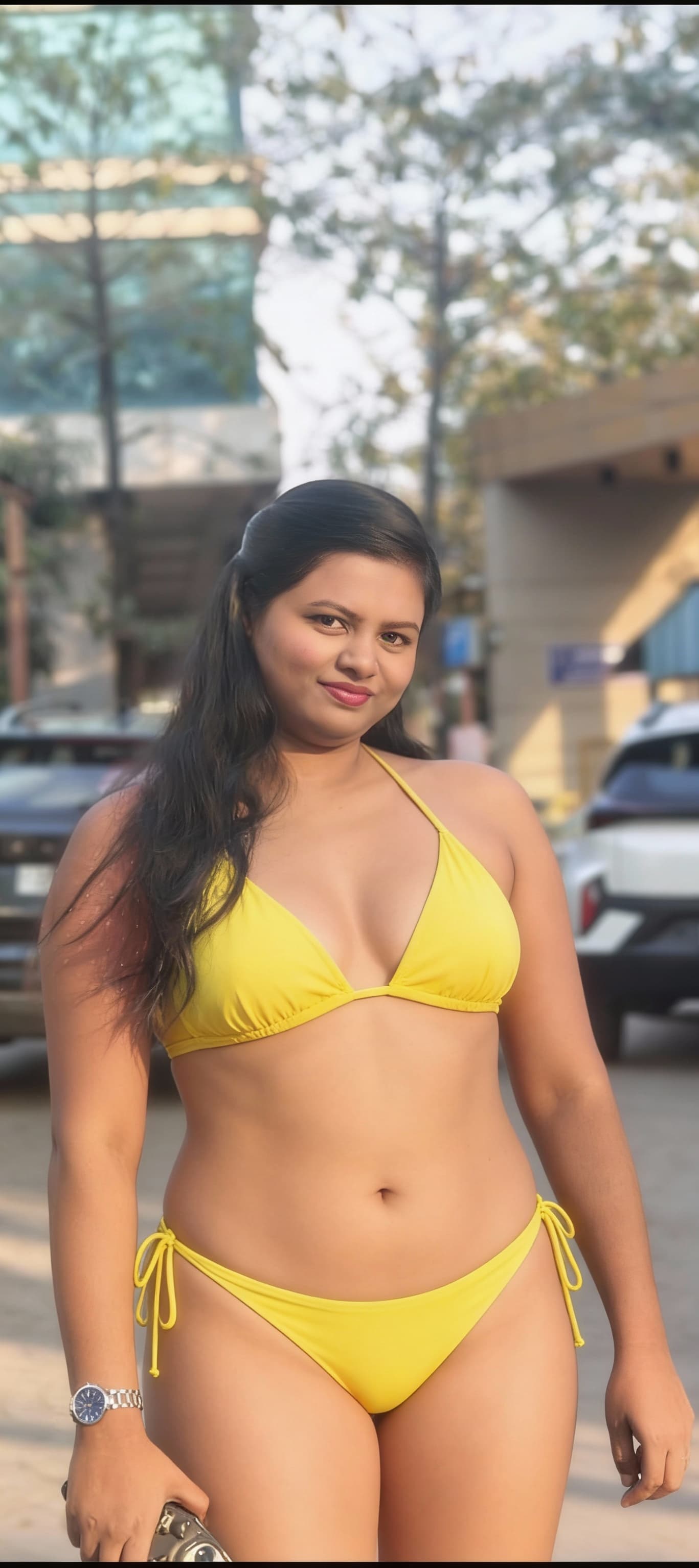 AI generated: She wearing yellow bikini.