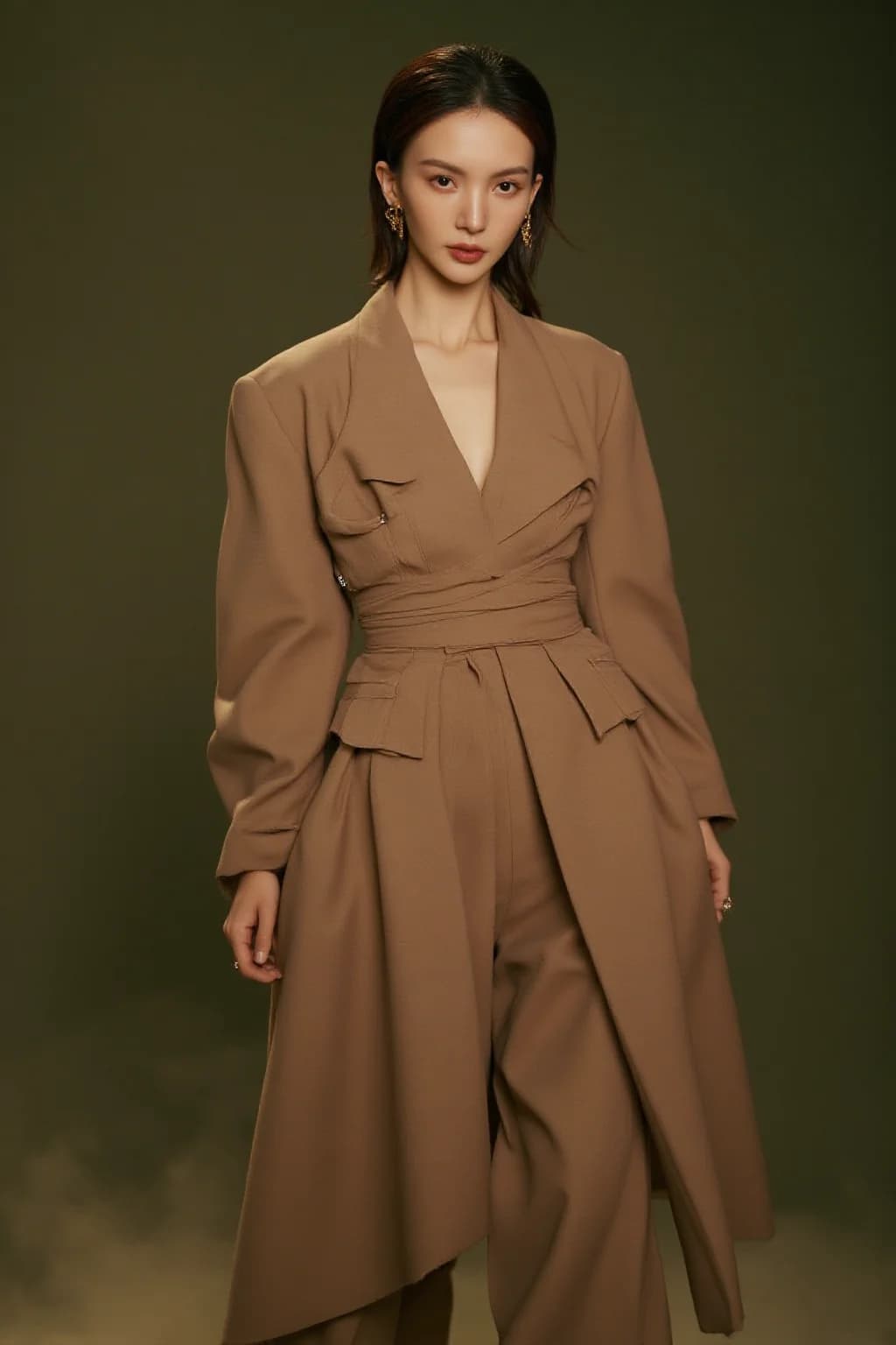 AI generated: A woman stands confidently against a muted green backdrop, her posture poised and elegant. She wears...