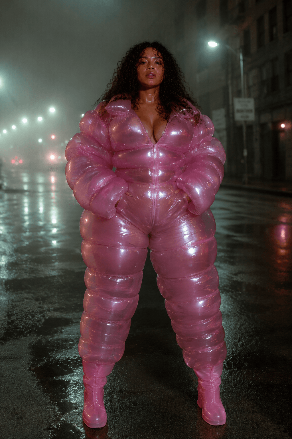 AI generated: fashion photography, model in full-body, front central view, wearing an oversized fluffy and vinyl s...