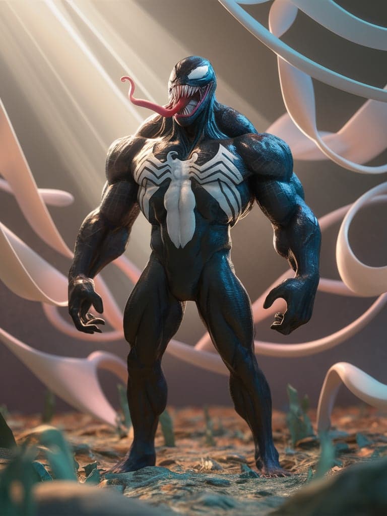 AI generated: Marvel Comics' Venom, a 4K, 3D revelation, standing character basking in soft smooth lighting, a cel...