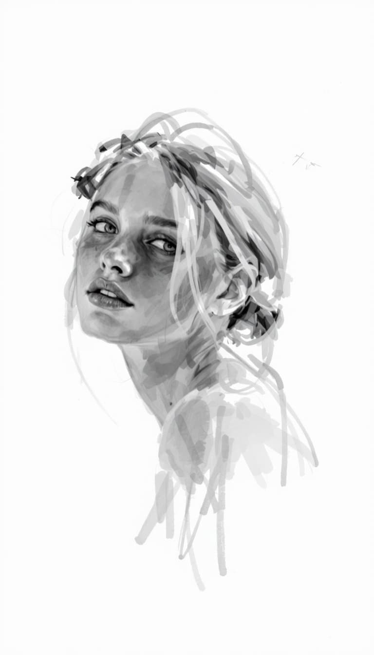 AI generated: girl, charcoal sketch, expressive mood