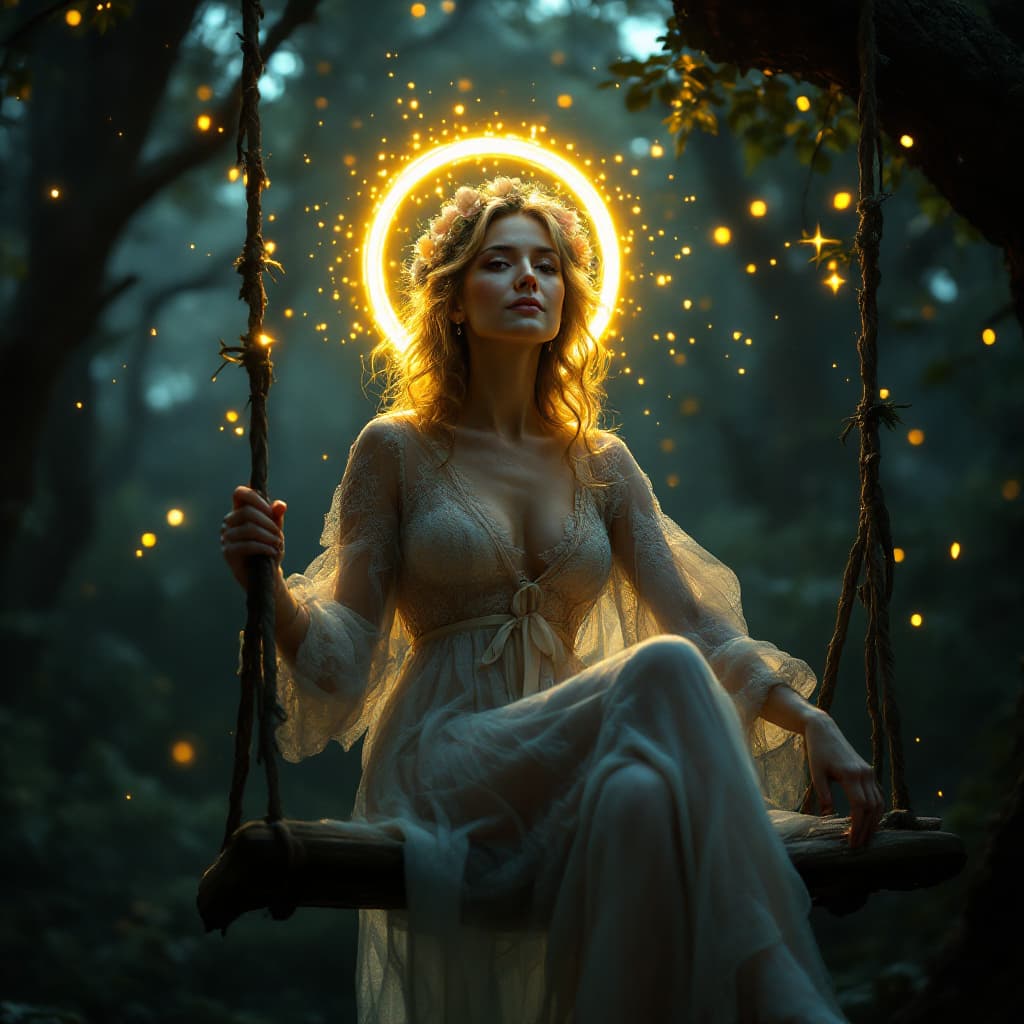 AI generated: The image shows a mature woman sitting on a swing hanging from a tree branch. It has a luminous halo...