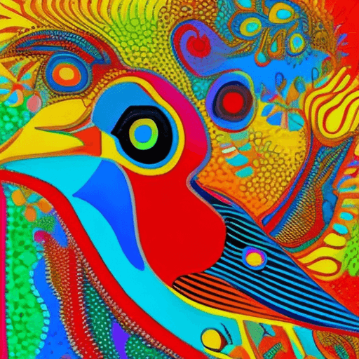 AI generated: Bird, style of Norval Morrisseau, vibrant colors, fractals, 4k