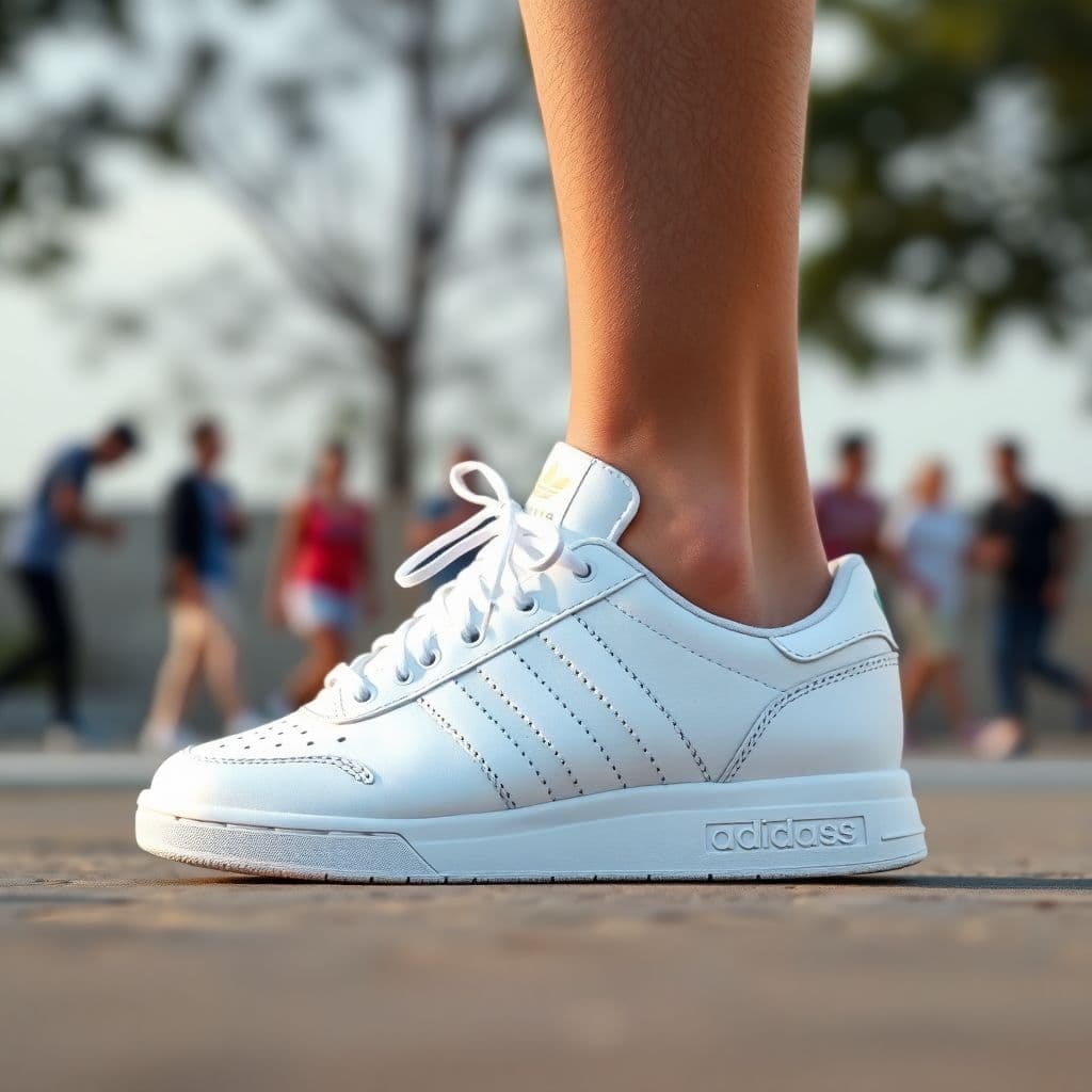 AI generated: tenis blanco adidas con pequeñas lineas negras, con un fondo de personas corriendo