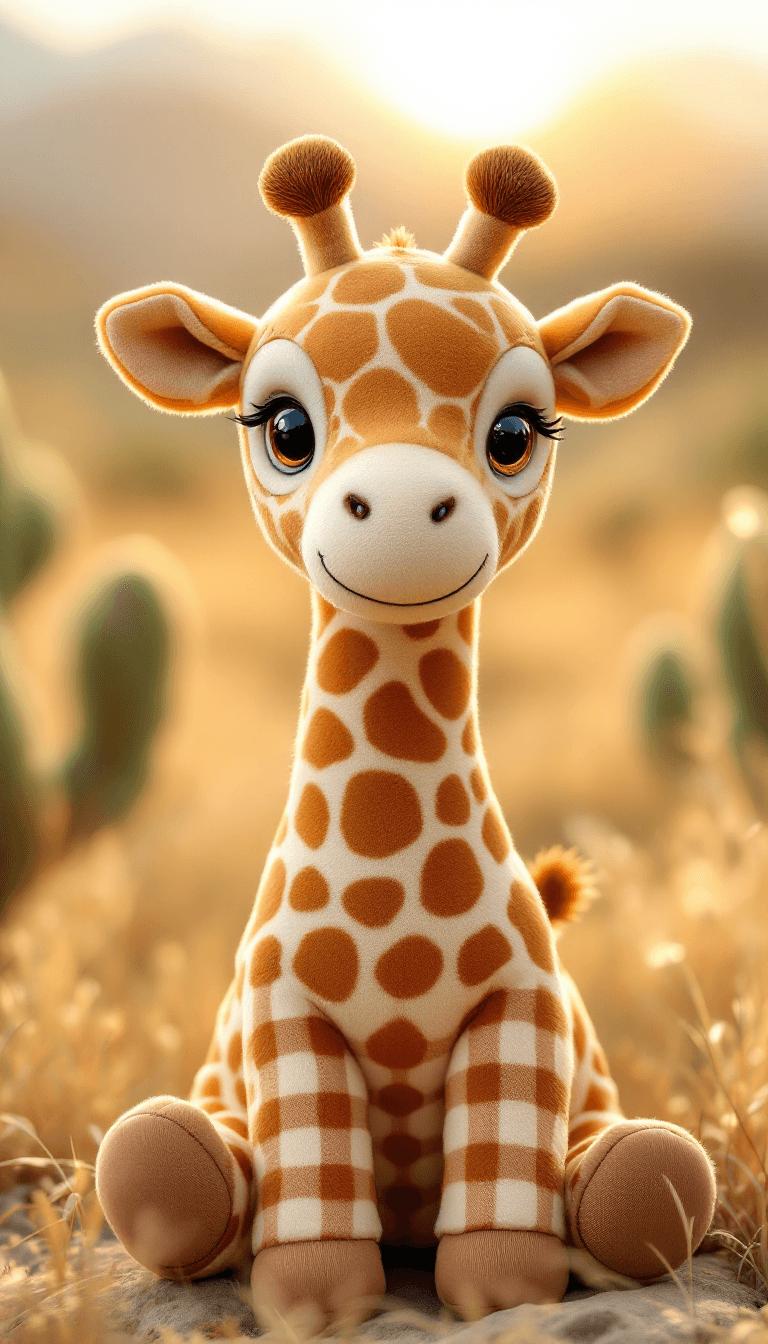 AI generated: A super cute stuffed animal giraffe, made from soft gingham-patterned fabric in natural giraffe colo...