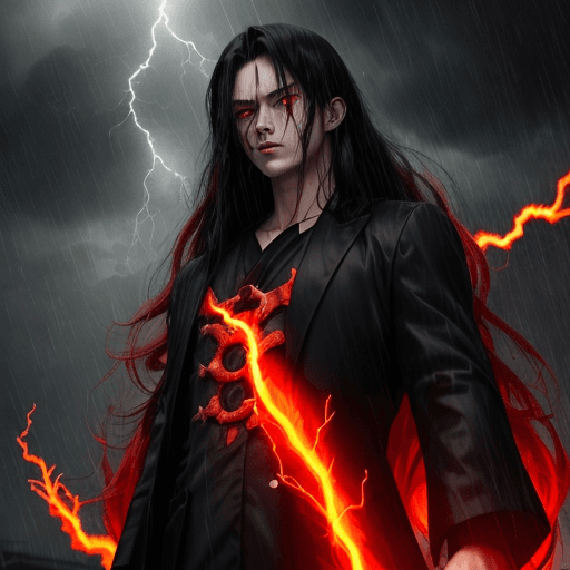 AI generated: anime::2, young god, Boss, in a rainstorm, thunders in background, scary, 4k, insane, red eyes, flam...