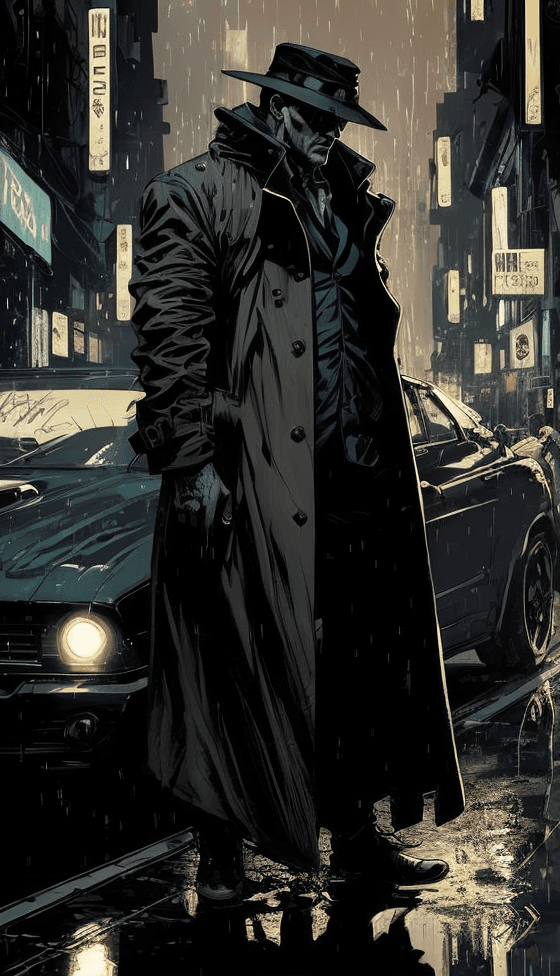 AI generated: a man in a trench coat and hat walking down a street in the rain with a car behind him, Ben Templesm...