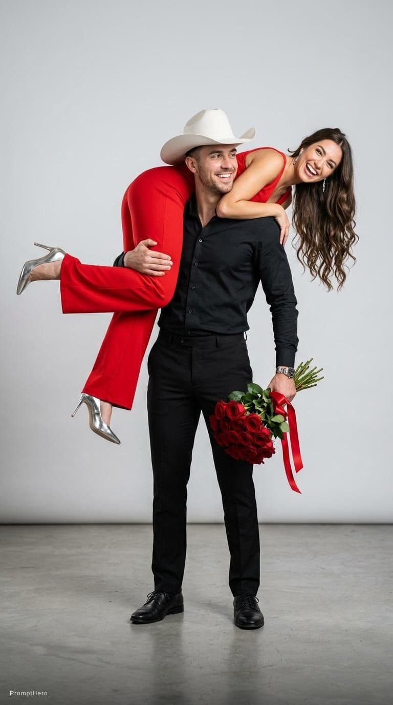 AI generated: Ultra realistic studio couple portrait, romantic fashion editorial photoshoot, minimalist studio bac...