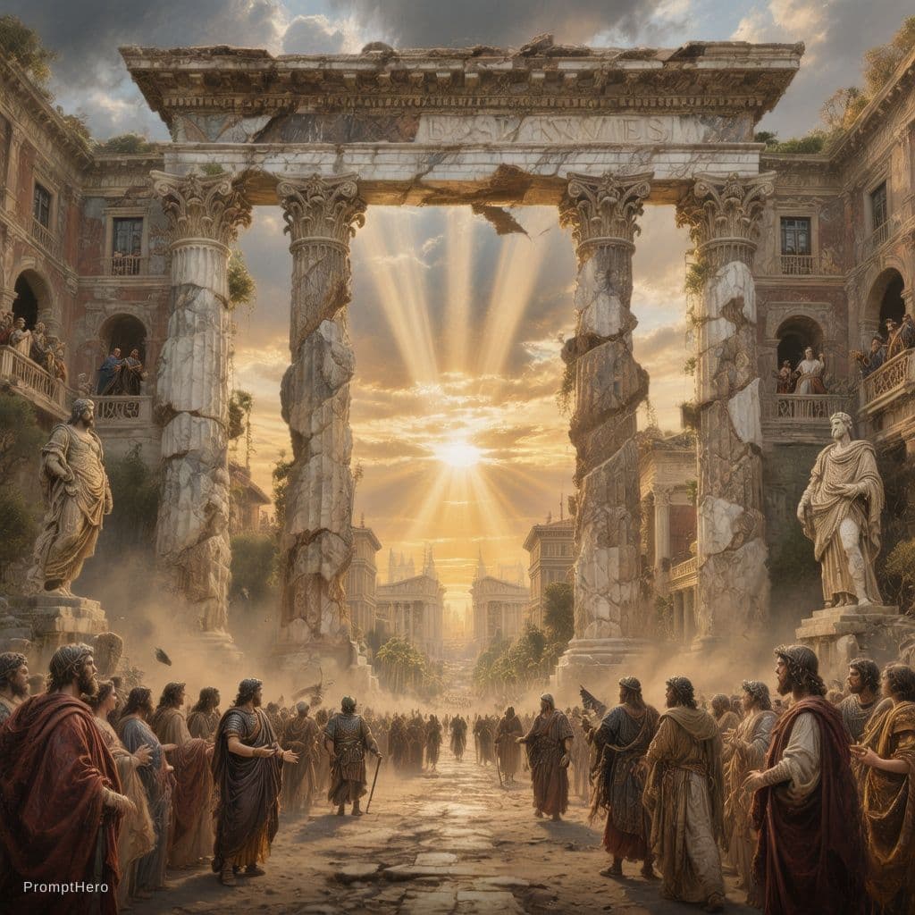 AI generated: Epic fall of Ancient Rome, romantic historical painting style, colossal Roman architecture, massive ...